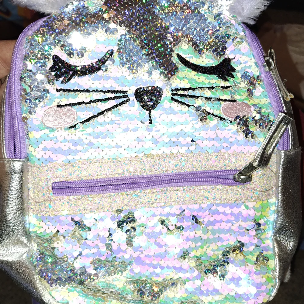 Sequin Cat Face Backpack for Pets - Silver and Purple